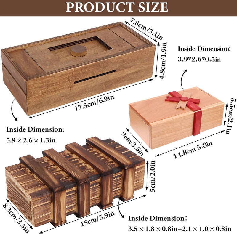 Oppaxf Puzzle Box 3 Pack Wooden Secret Puzzle Box with Hidden Compartment 3D Brain Teaser Magic Drawers Secret Magic Box Wooden Box Puzzle Case Difficult Puzzle Box Gift Card Puzzle Box for Adults and Kids - Image 2